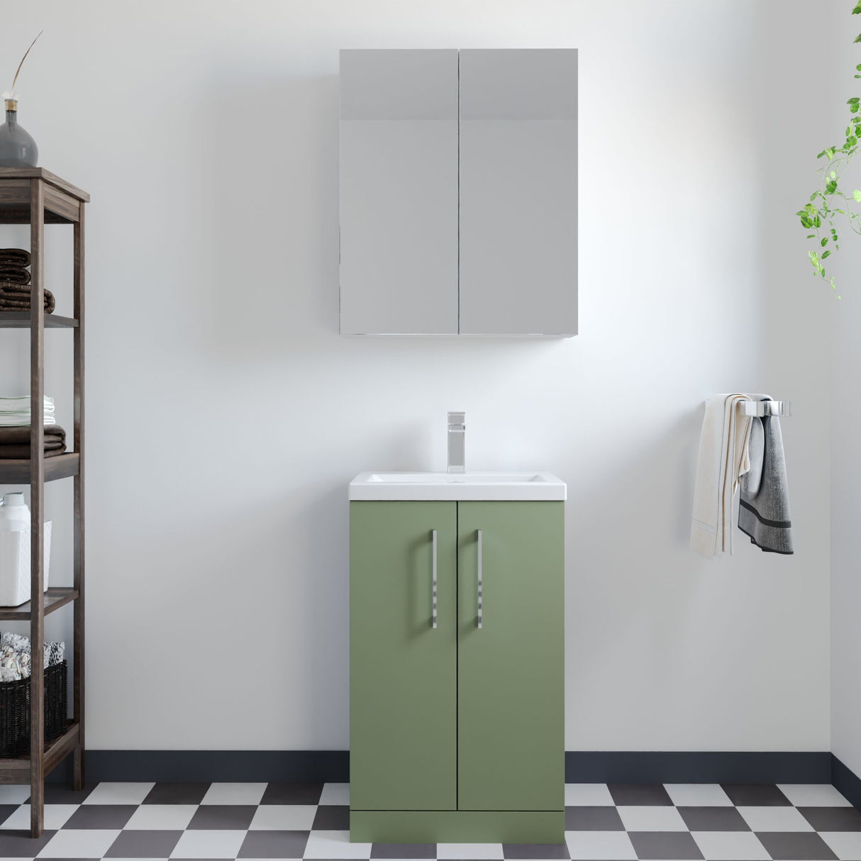 [BFLE118E] Balterley Level Compact Bathroom Cloakroom Vanity Basin Unit with Ceramic Basin, Chrome Handles, 500mm, Satin Green - Lifestyle 1