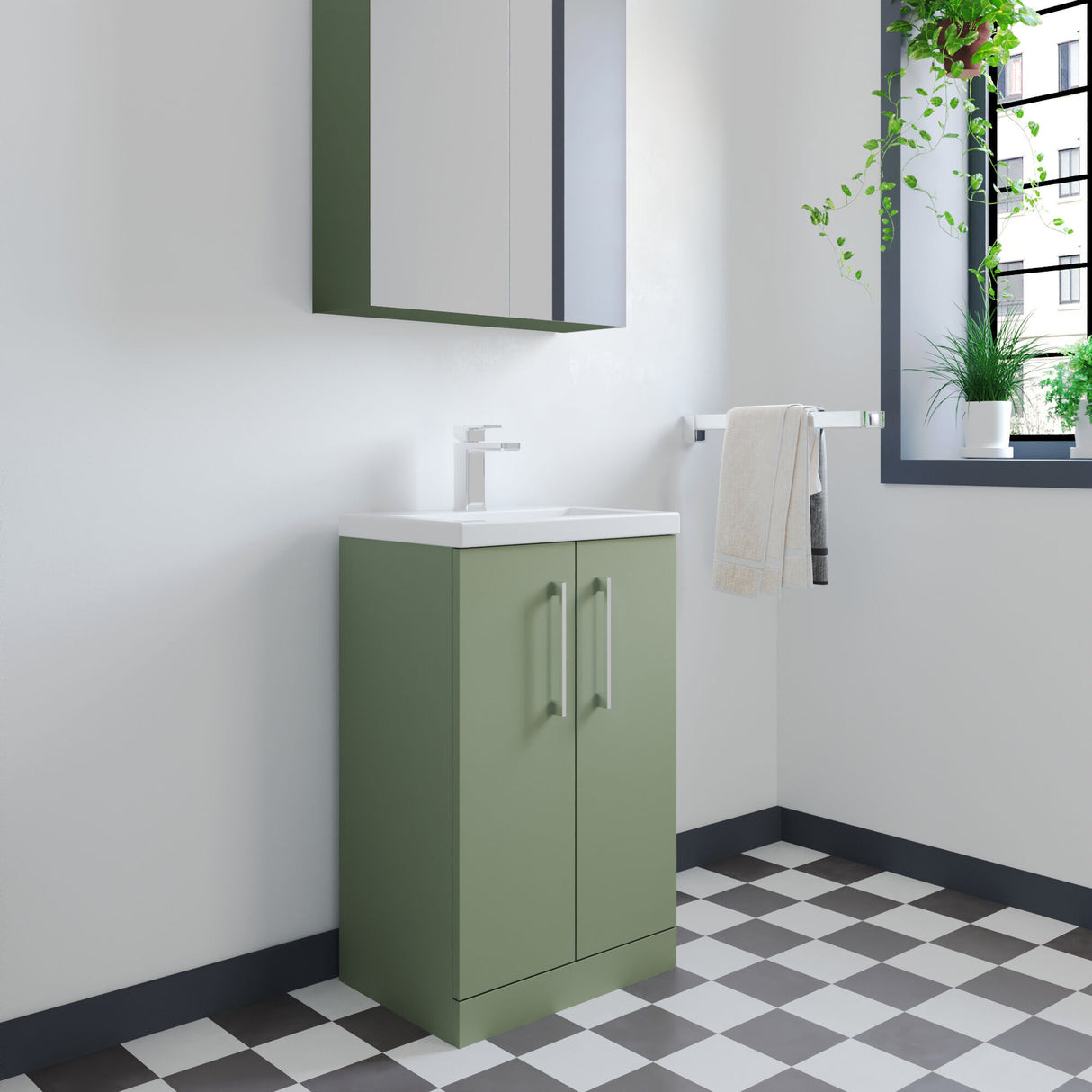 [BFLE118E] Balterley Level Compact Bathroom Cloakroom Vanity Basin Unit with Ceramic Basin, Chrome Handles, 500mm, Satin Green - Lifestyle 2