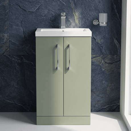 [BFLE118E] Balterley Level Compact Bathroom Cloakroom Vanity Basin Unit with Ceramic Basin, Chrome Handles, 500mm, Satin Green - Silo