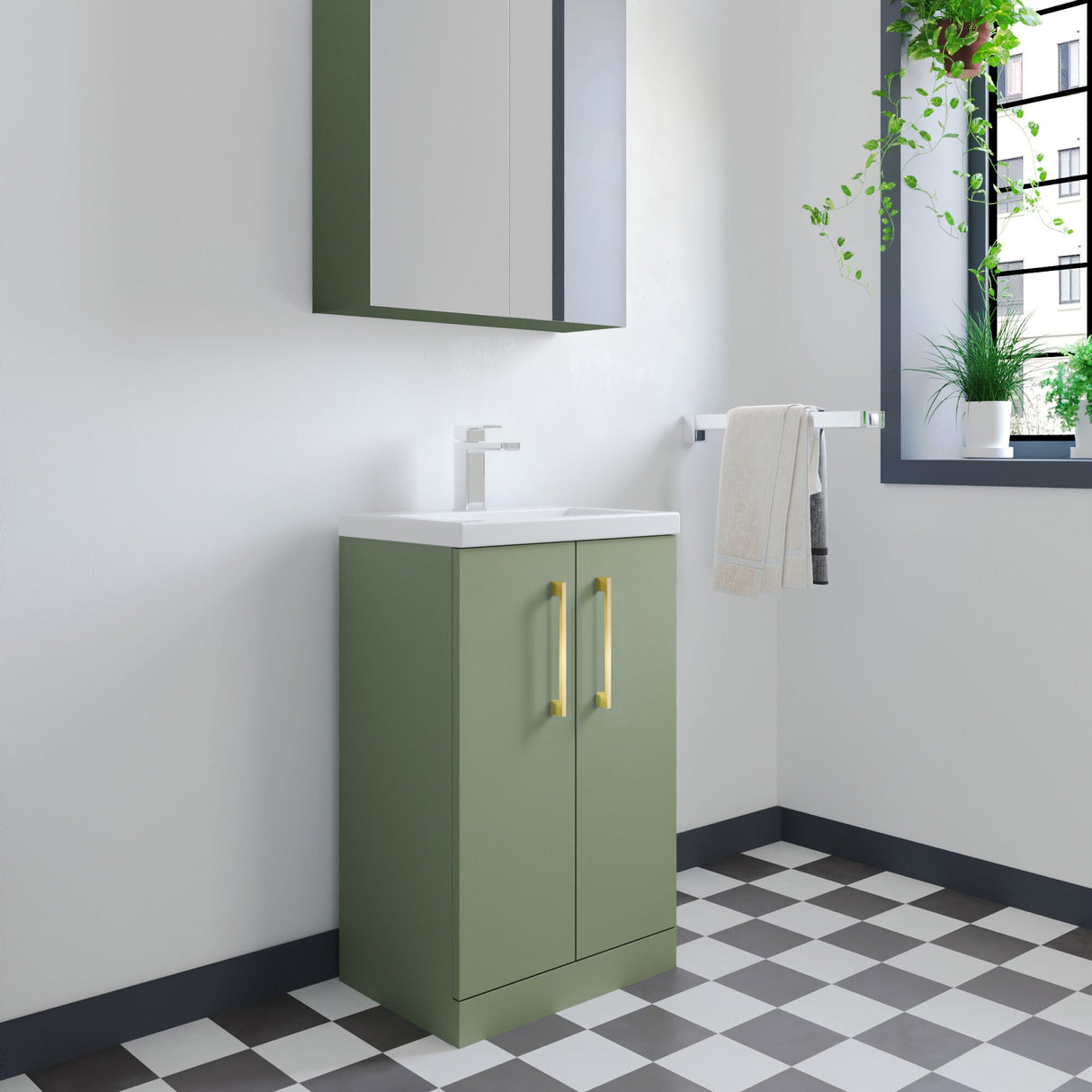 [BFLE118H017] Bramshall Contemporary Compact Floor Standing Vanity Basin Unit with Polymarble Basin, 500mm, Choice of Colour and Handle Finish - Lifestyle 3