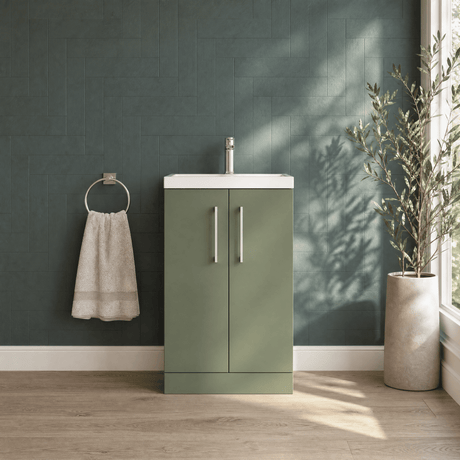 [BFLE118] Balterley Level Compact Bathroom Cloakroom Vanity Basin Unit with Polymarble Basin, Chrome Handles, 500mm, Satin Green - Silo
