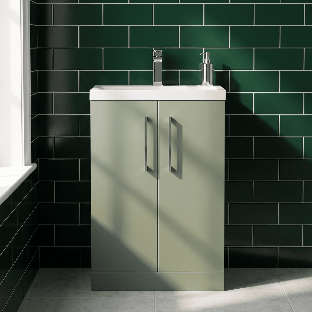 [BFLE119E] Balterley Level Compact Bathroom Cloakroom Vanity Basin Unit with Ceramic Basin, Chrome Handles, 600mm, Satin Green - Silo