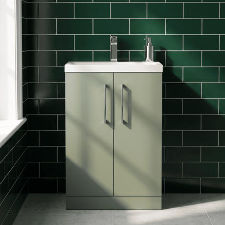[BFLE119E] Balterley Level Compact Bathroom Cloakroom Vanity Basin Unit with Ceramic Basin, Chrome Handles, 600mm, Satin Green - Silo