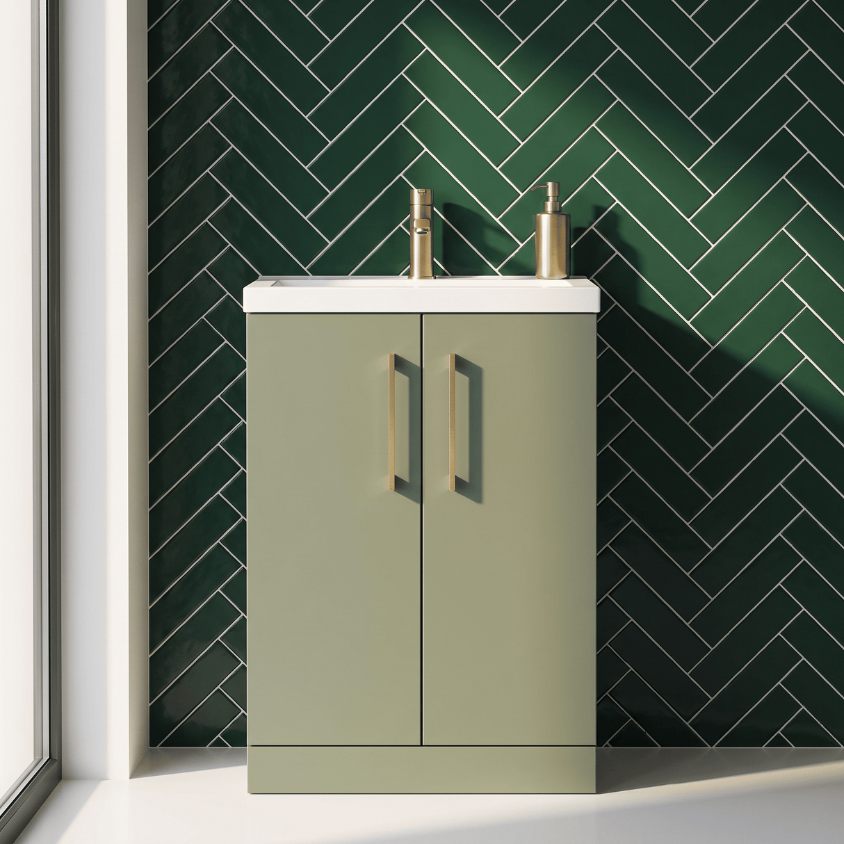 [BFLE119H017] Bramshall Contemporary Compact Floor Standing Vanity Basin Unit with Polymarble Basin, 600mm, Choice of Colour and Handle Finish - Silo