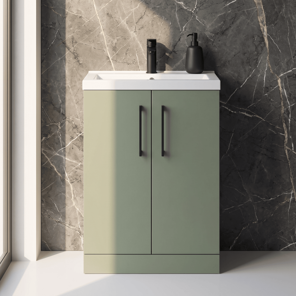 [BFLE119H018] Bramshall Contemporary Compact Floor Standing Vanity Basin Unit with Polymarble Basin, 600mm, Choice of Colour and Handle Finish - Silo