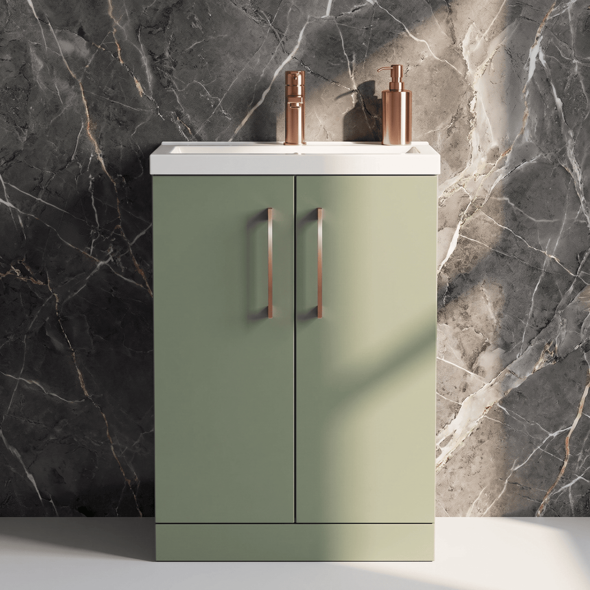 [BFLE119H019] Bramshall Contemporary Compact Floor Standing Vanity Basin Unit with Polymarble Basin, 600mm, Choice of Colour and Handle Finish - Silo