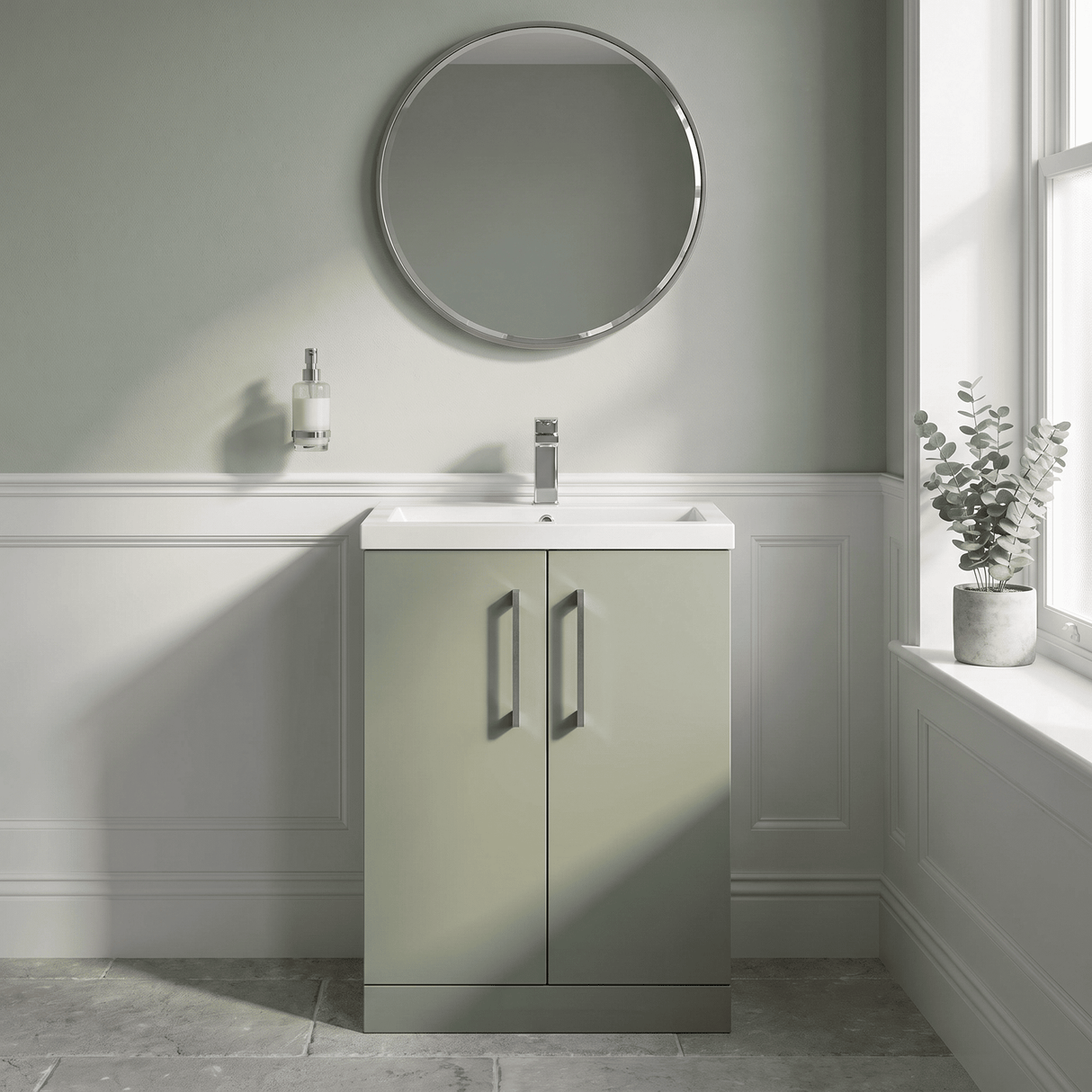 [BFLE119H716] Bramshall Contemporary Compact Floor Standing Vanity Basin Unit with Polymarble Basin, 600mm, Choice of Colour and Handle Finish - Silo