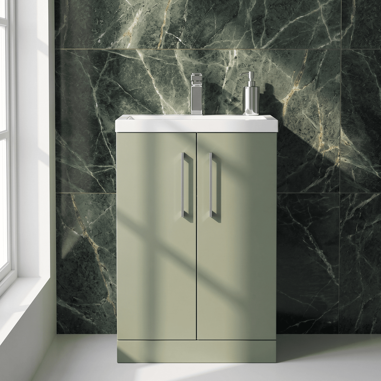 [BFLE119] Balterley Level Compact Bathroom Cloakroom Vanity Basin Unit with Polymarble Basin, Chrome Handles, 600mm, Satin Green - Silo
