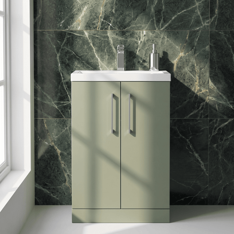 [BFLE119] Balterley Level Compact Bathroom Cloakroom Vanity Basin Unit with Polymarble Basin, Chrome Handles, 600mm, Satin Green - Silo
