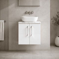 [BFLE1213LCM] Bramshall Contemporary 2 Door Wall Hung Vanity Unit with Carrera Marble Laminate Worktop, 600mm, Choice of Colour