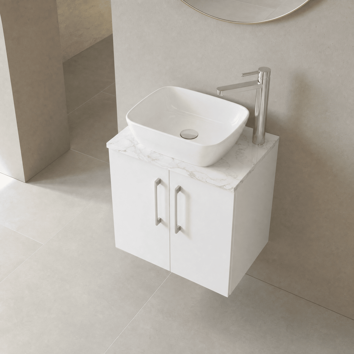 [BFLE1213LCM] Bramshall Contemporary 2 Door Wall Hung Vanity Unit with Carrera Marble Laminate Worktop, 600mm, Choice of Colour