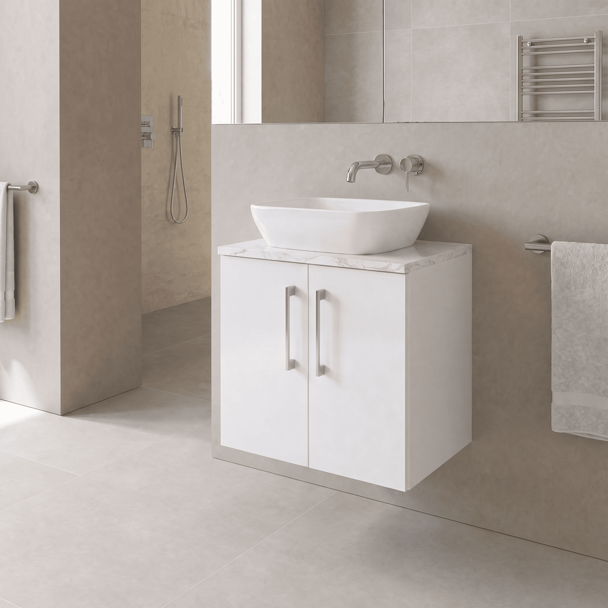 [BFLE1213LCM] Bramshall Contemporary 2 Door Wall Hung Vanity Unit with Carrera Marble Laminate Worktop, 600mm, Choice of Colour