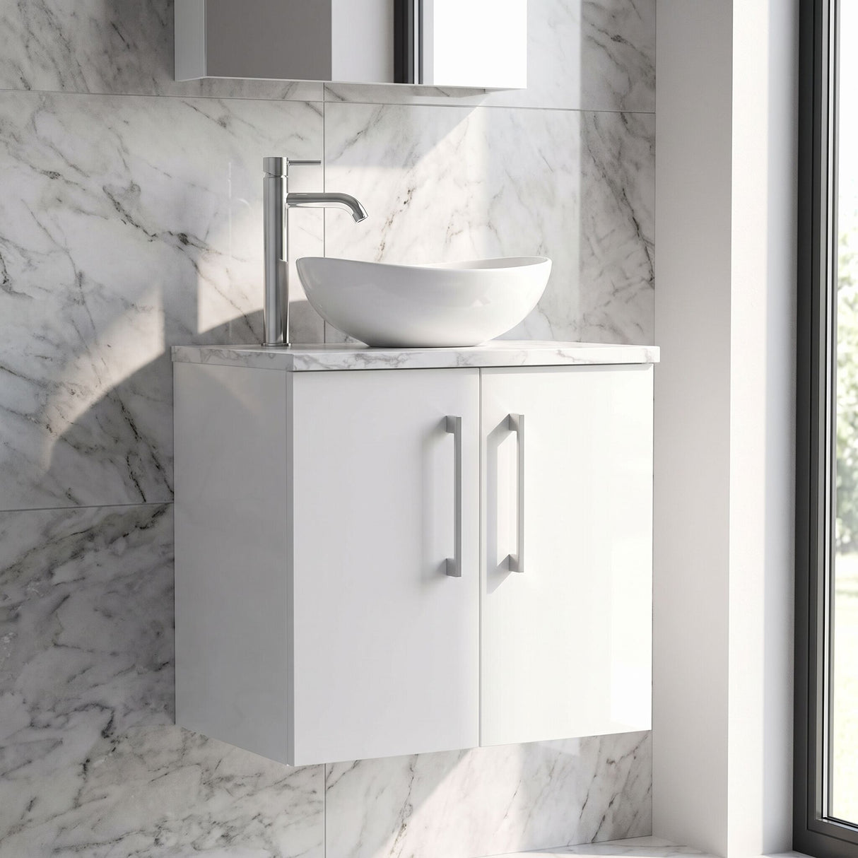[BFLE1213LCM] Bramshall Contemporary 2 Door Wall Hung Vanity Unit with Carrera Marble Laminate Worktop, 600mm, Choice of Colour - Silo