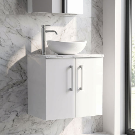 [BFLE1213LCM] Bramshall Contemporary 2 Door Wall Hung Vanity Unit with Carrera Marble Laminate Worktop, 600mm, Choice of Colour - Silo