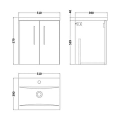 [BFLE121A] Bramshall Contemporary 2 Door Wall Hung Vanity Basin Unit with Mid-Edge Basin, Choice of Size and Colour - Line Drawing