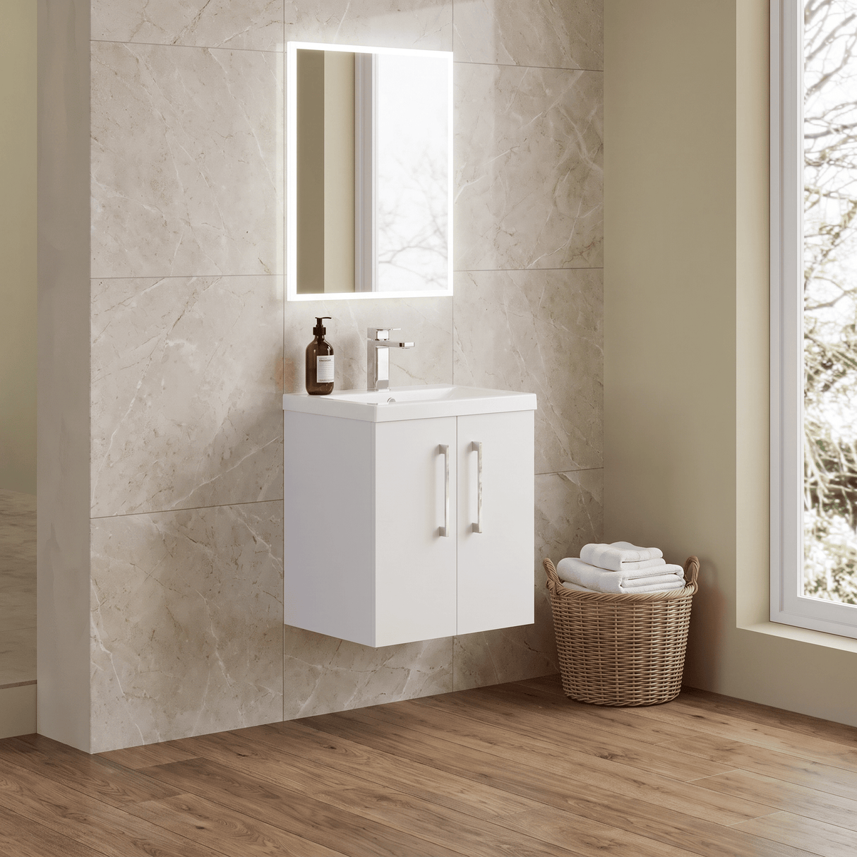 [BFLE121A] Bramshall Contemporary 2 Door Wall Hung Vanity Basin Unit with Mid-Edge Basin, Choice of Size and Colour - Lifestyle 3