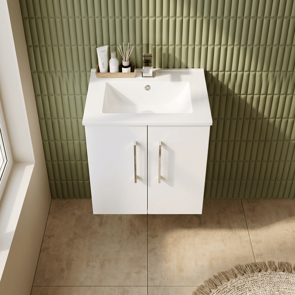 [BFLE121B] Balterley  Modern Bathroom 2 Soft Close Door & Minimalist Wall Hung Vanity Unit Basin, Gloss White, 345mm - Lifestyle 2