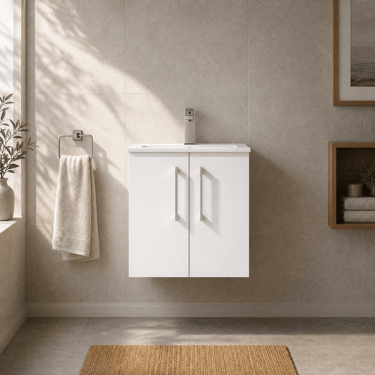 [BFLE121B] Balterley  Modern Bathroom 2 Soft Close Door & Minimalist Wall Hung Vanity Unit Basin, Gloss White, 345mm - Silo