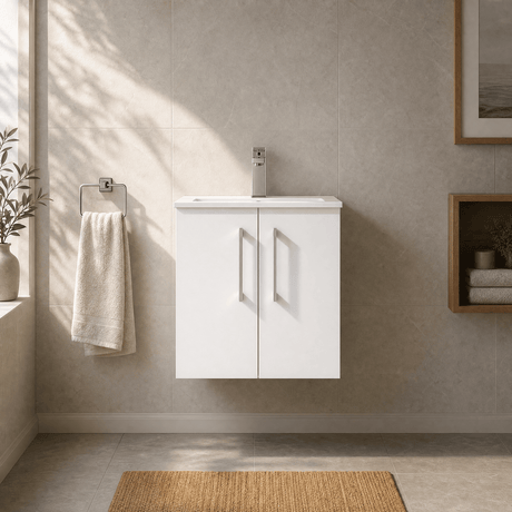 [BFLE121B] Balterley  Modern Bathroom 2 Soft Close Door & Minimalist Wall Hung Vanity Unit Basin, Gloss White, 345mm - Silo
