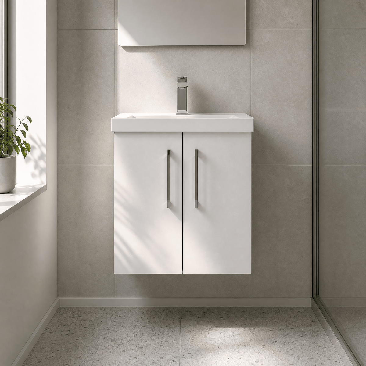 [BFLE121D] Bramshall Contemporary 2 Door Wall Hung Vanity Basin Unit, Choice of Size, Colour and Basin - Studio Shot