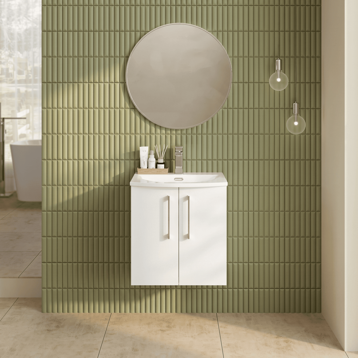[BFLE121G] Balterley  Contemporary Bathroom 2-Door Wall-Hung Curved Basin Vanity Unit, Gloss White, 500mm - Lifestyle 1