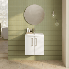 [BFLE121G] Balterley  Contemporary Bathroom 2-Door Wall-Hung Curved Basin Vanity Unit, Gloss White, 500mm - Lifestyle 1