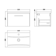 [BFLE122AH017] Bramshall Wall Hung 1 Drawer Vanity Unit with Mid-Edge Ceramic Basin - Choice of Colour, Handle Finish and Size - Technical Drawing