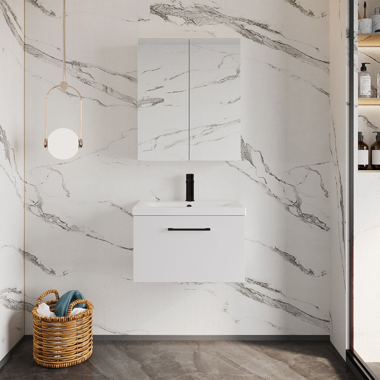 [BFLE122AH018] Bramshall Wall Hung 1 Drawer Vanity Unit with Mid-Edge Ceramic Basin - Choice of Colour, Handle Finish and Size - Lifestyle 1