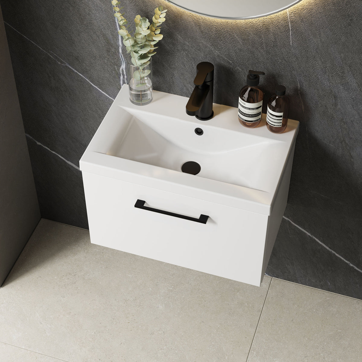 [BFLE122AH018] Bramshall Wall Hung 1 Drawer Vanity Unit with Mid-Edge Ceramic Basin 600mm - Lifestyle 2