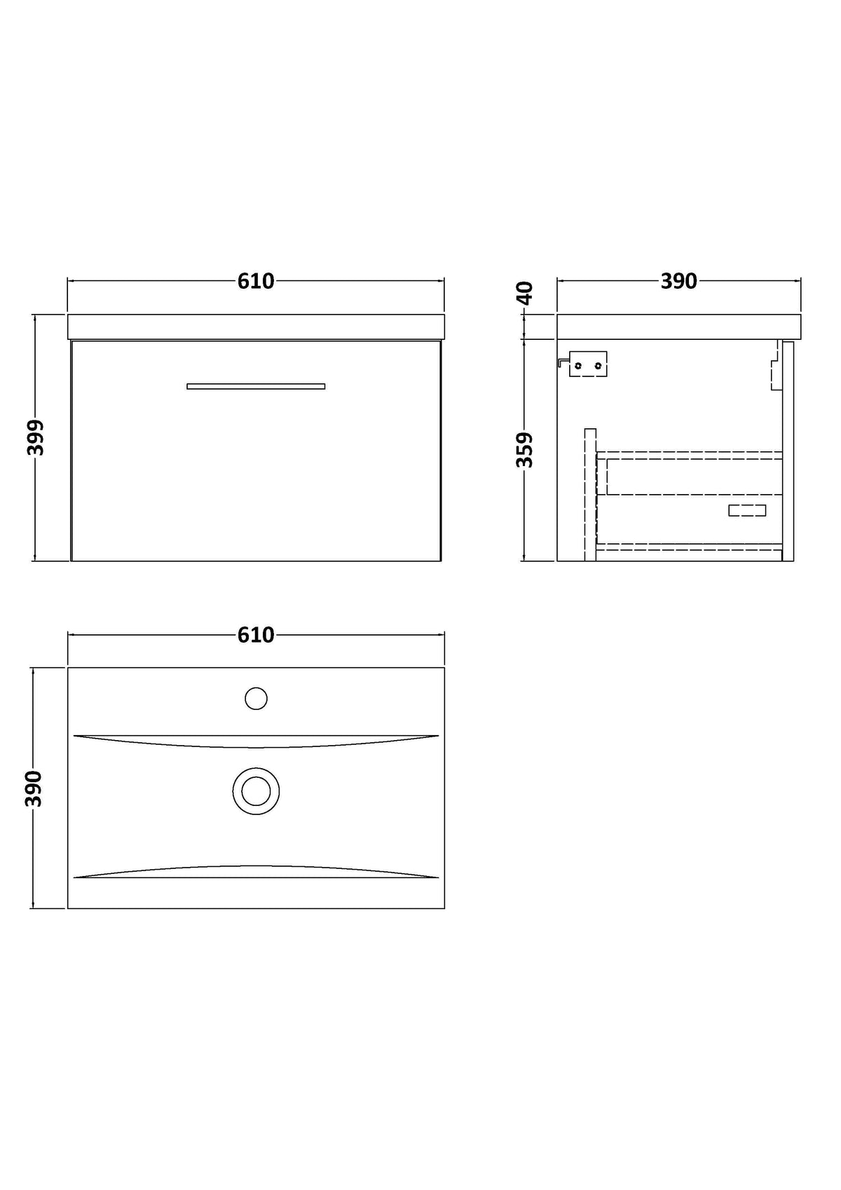 [BFLE122A] Bramshall Wall Hung 1 Drawer Vanity Unit with Mid-Edge Ceramic Basin 600mm - Technical Drawing