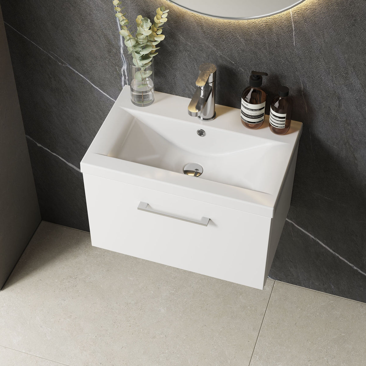 [BFLE122A] Bramshall Wall Hung 1 Drawer Vanity Unit with Mid-Edge Ceramic Basin 600mm - Lifestyle 2