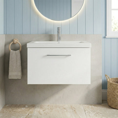 Bramshall Wall Hung 1 Drawer Vanity Unit with Mid-Edge Ceramic Basin - Choice of Colour, Handle Finish and Size