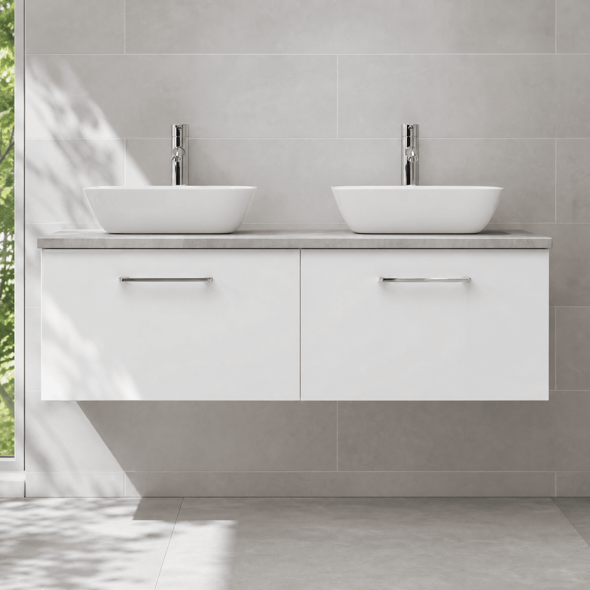 [BFLE122LBG2] Bramshall Wall Hung 2 Drawer Vanity Unit with Bellato Grey Laminate Worktop, 1200mm, Choice of Colour