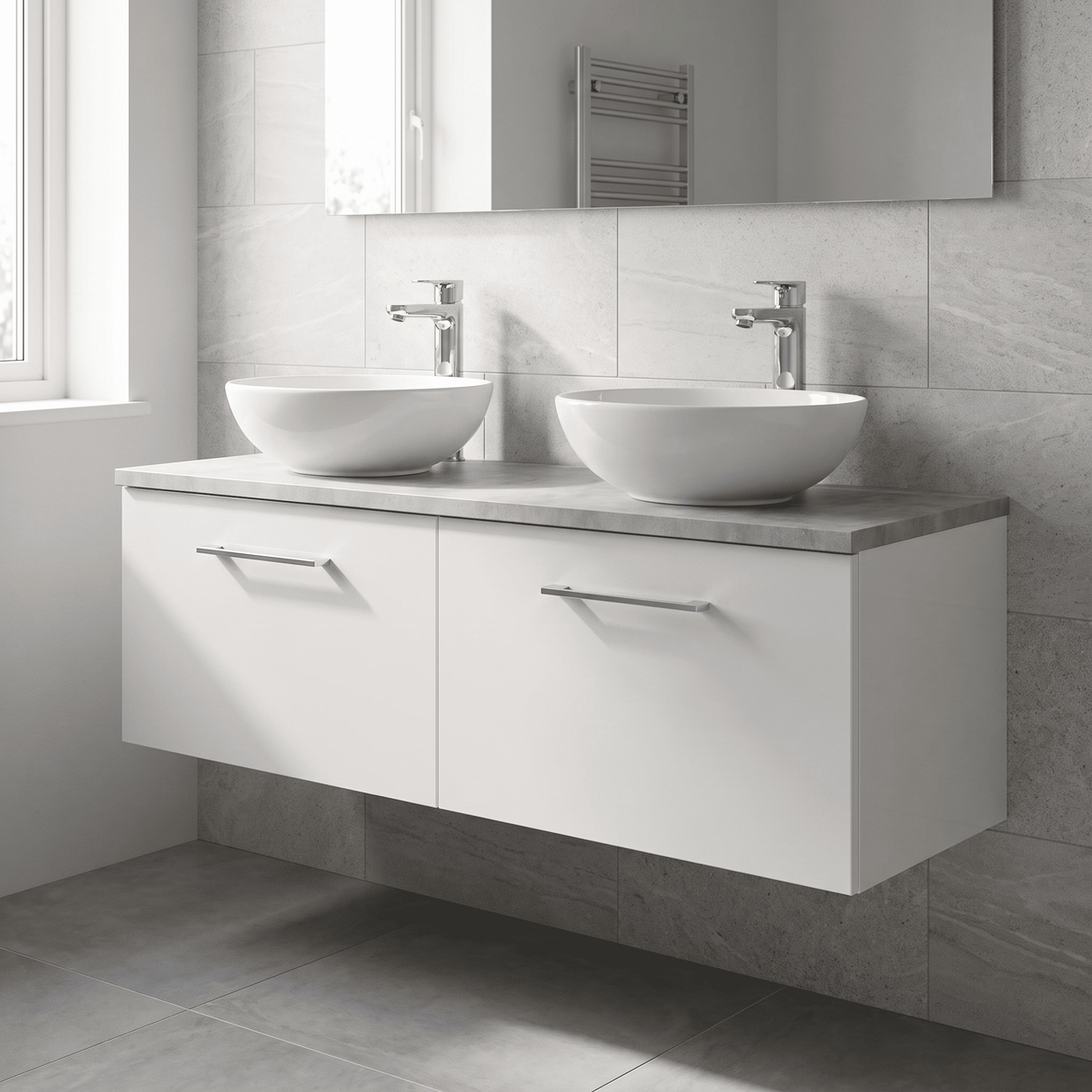 [BFLE122LBG2] Bramshall Wall Hung 2 Drawer Vanity Unit with Bellato Grey Laminate Worktop, 1200mm, Choice of Colour