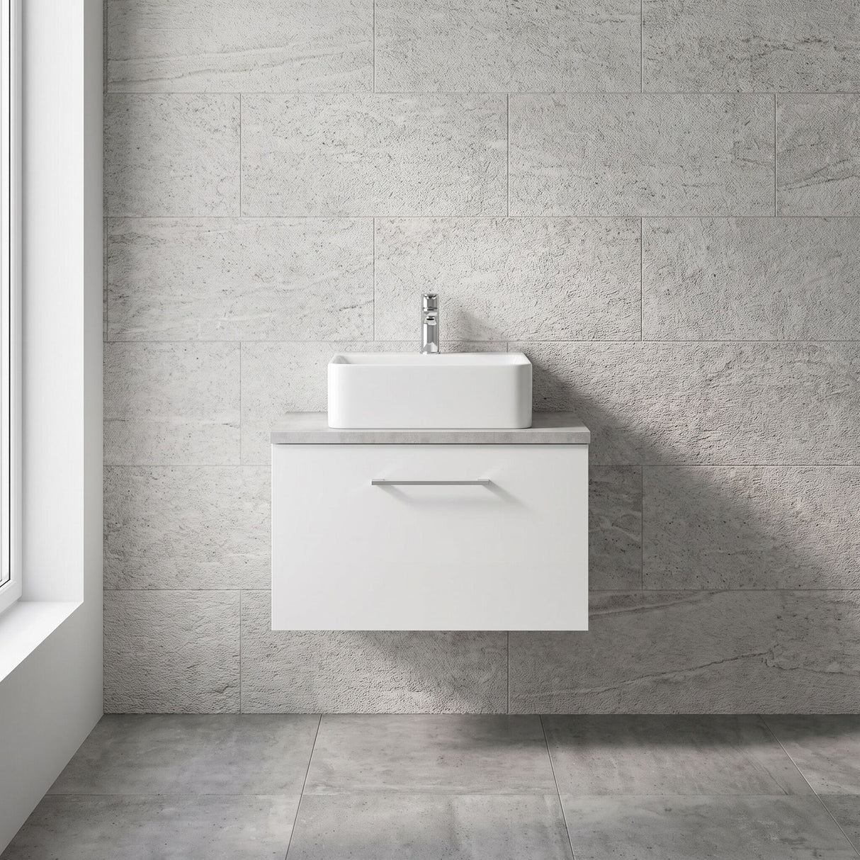 [BFLE122LBG] Bramshall Contemporary 1 Drawer Wall Hung Vanity Unit with Bellato Grey Laminate Worktop, Choice of Size and Colour