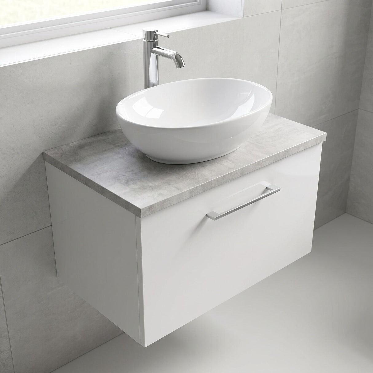 [BFLE122LBG] Bramshall Contemporary 1 Drawer Wall Hung Vanity Unit with Bellato Grey Laminate Worktop, Choice of Size and Colour