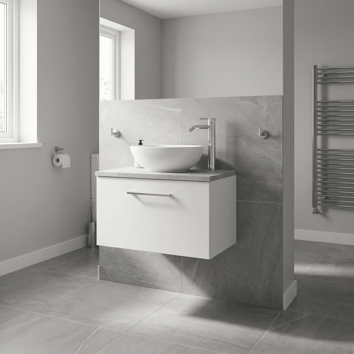 [BFLE122LBG] Bramshall Contemporary 1 Drawer Wall Hung Vanity Unit with Bellato Grey Laminate Worktop, Choice of Size and Colour