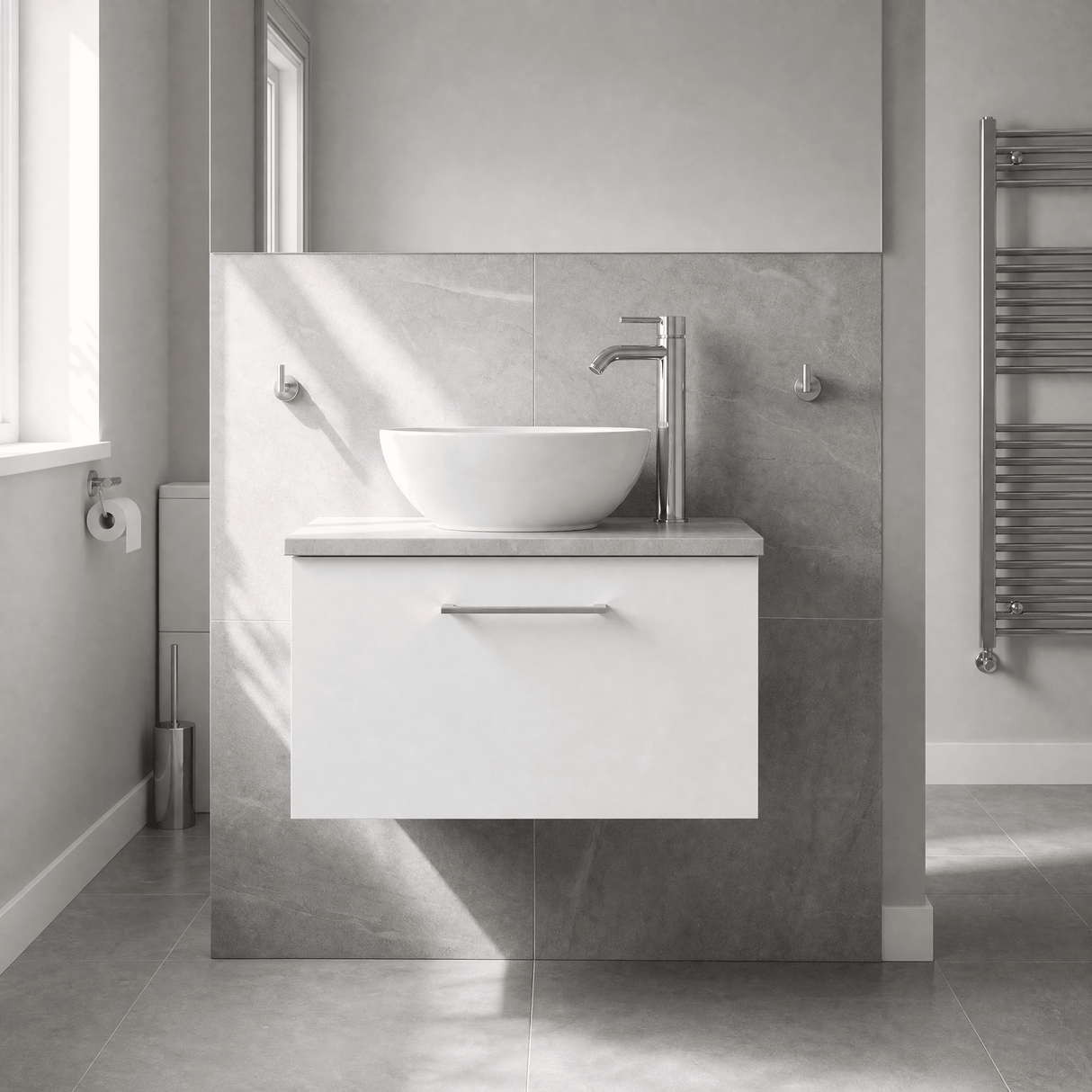 [BFLE122LBG] Bramshall Contemporary 1 Drawer Wall Hung Vanity Unit with Bellato Grey Laminate Worktop, Choice of Size and Colour - Silo