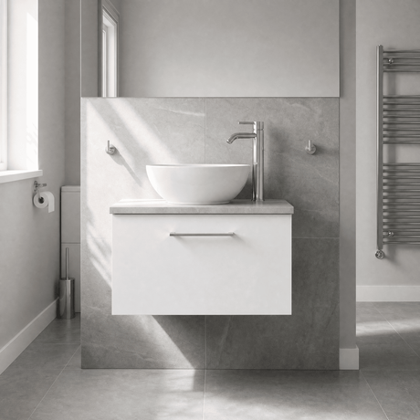 [BFLE122LBG] Bramshall Contemporary 1 Drawer Wall Hung Vanity Unit with Bellato Grey Laminate Worktop, Choice of Size and Colour - Silo