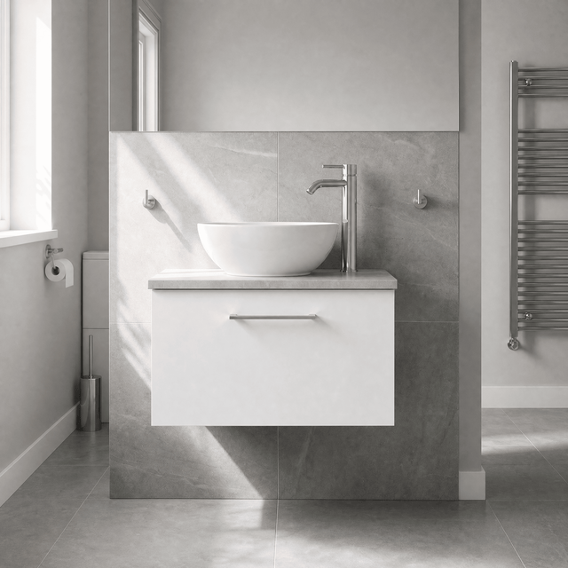 [BFLE122LBG] Bramshall Contemporary 1 Drawer Wall Hung Vanity Unit with Bellato Grey Laminate Worktop, Choice of Size and Colour - Silo