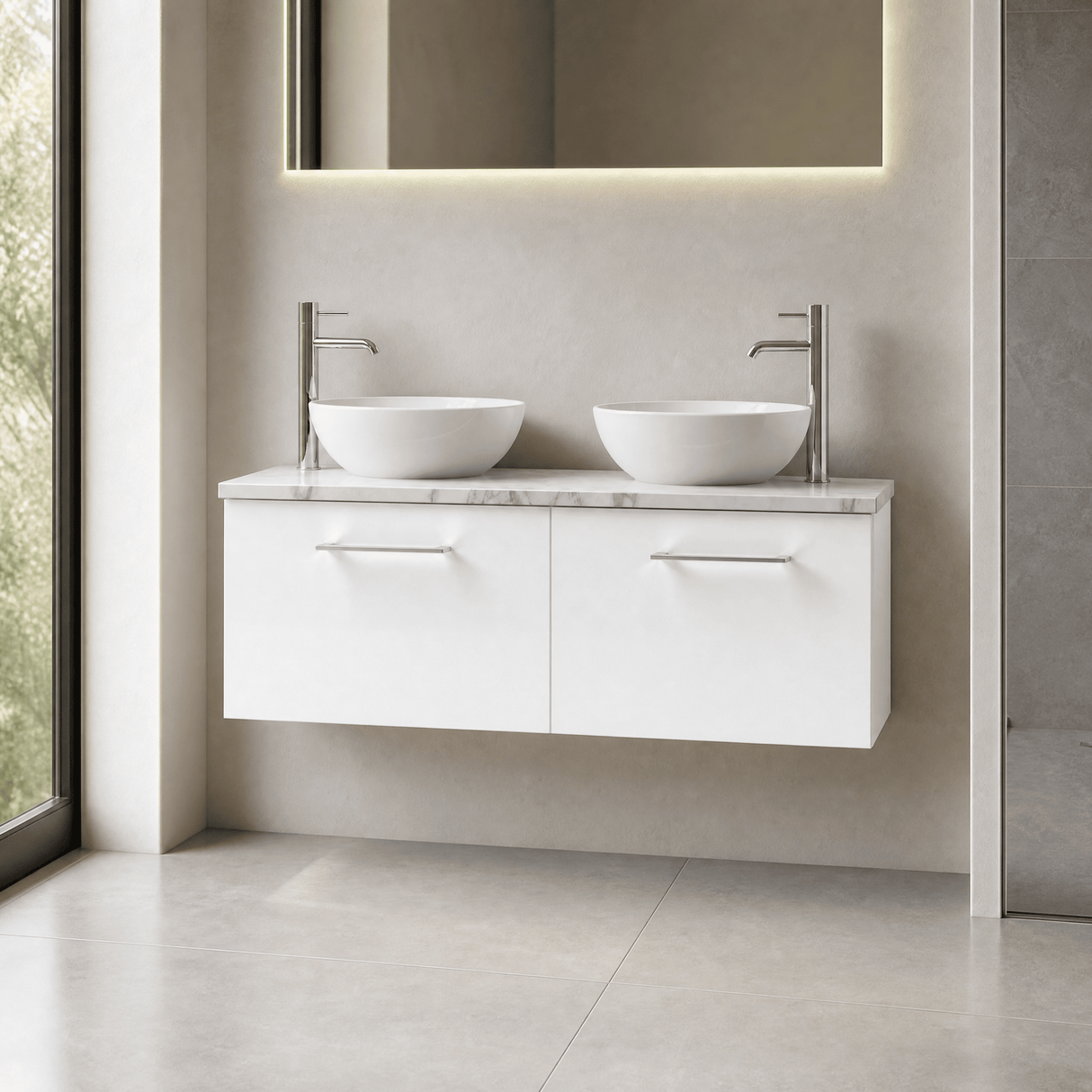 [BFLE122LCM2] Bramshall Contemporary 2 Drawer Wall Hung Vanity Unit with Carrera Marble Laminate Worktop, 1200mm, Choice of Colour