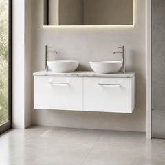 [BFLE122LCM2] Bramshall Contemporary 2 Drawer Wall Hung Vanity Unit with Carrera Marble Laminate Worktop, 1200mm, Choice of Colour