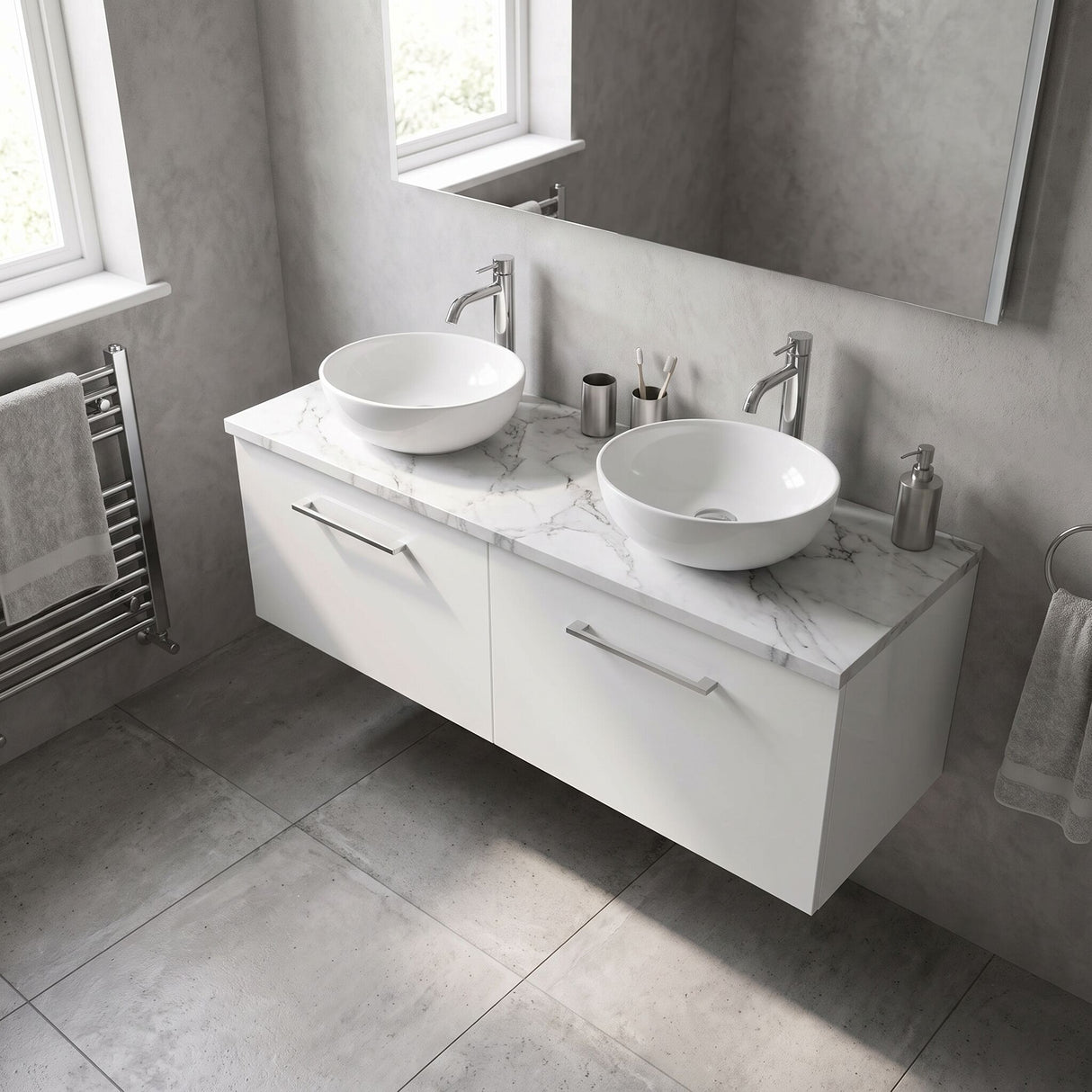 [BFLE122LCM2] Bramshall Contemporary 2 Drawer Wall Hung Vanity Unit with Carrera Marble Laminate Worktop, 1200mm, Choice of Colour