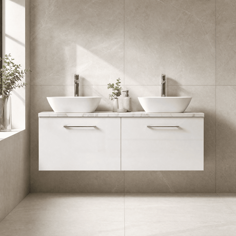 [BFLE122LCM2] Bramshall Contemporary 2 Drawer Wall Hung Vanity Unit with Carrera Marble Laminate Worktop, 1200mm, Choice of Colour - Silo