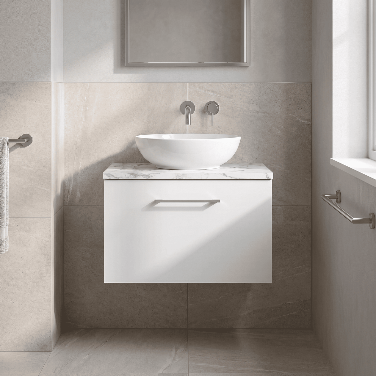 [BFLE122LCM] Bramshall Contemporary 1 Drawer Wall Hung Vanity Unit with Carrera Marble Laminate Worktop, Choice of Size and Colour