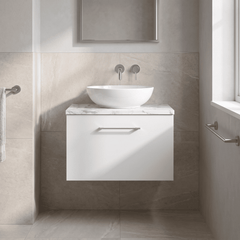 [BFLE122LCM] Bramshall Contemporary 1 Drawer Wall Hung Vanity Unit with Carrera Marble Laminate Worktop, Choice of Size and Colour