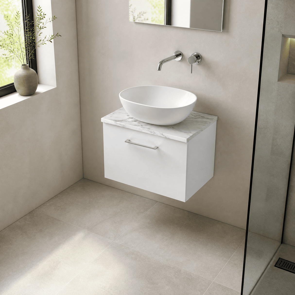 [BFLE122LCM] Bramshall Contemporary 1 Drawer Wall Hung Vanity Unit with Carrera Marble Laminate Worktop, Choice of Size and Colour