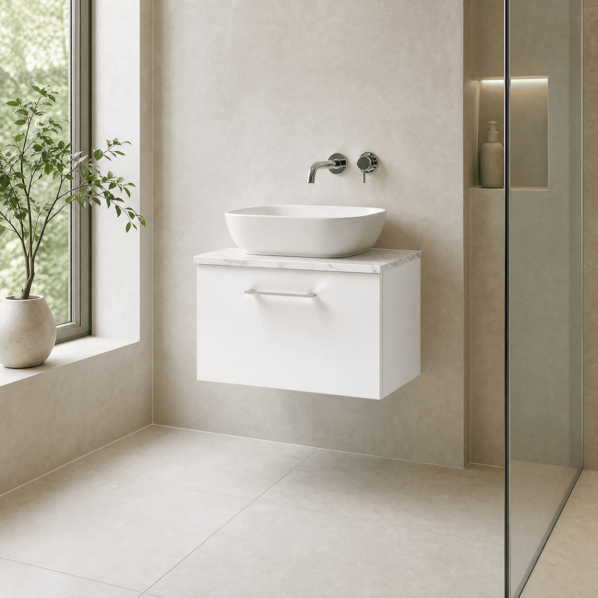 [BFLE122LCM] Bramshall Contemporary 1 Drawer Wall Hung Vanity Unit with Carrera Marble Laminate Worktop, Choice of Size and Colour