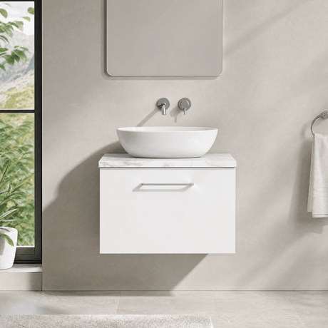 [BFLE122LCM] Bramshall Contemporary 1 Drawer Wall Hung Vanity Unit with Carrera Marble Laminate Worktop, Choice of Size and Colour - Silo