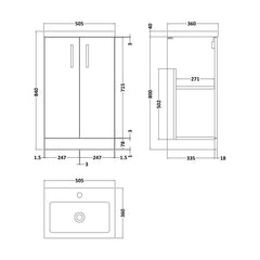 [BFLE122] Balterley Level Compact Bathroom Cloakroom Vanity Basin Unit with Polymarble Basin, Chrome Handles, 500mm, Mid Oak - Technical Drawing